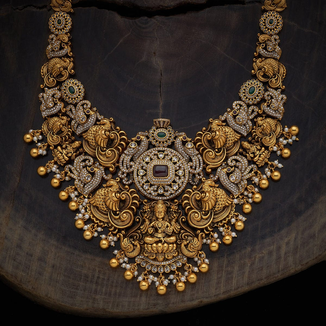 Stunning Lakshmi And Peacock Traditional Antique Necklace With Red-Green stones and Dangling Beeds