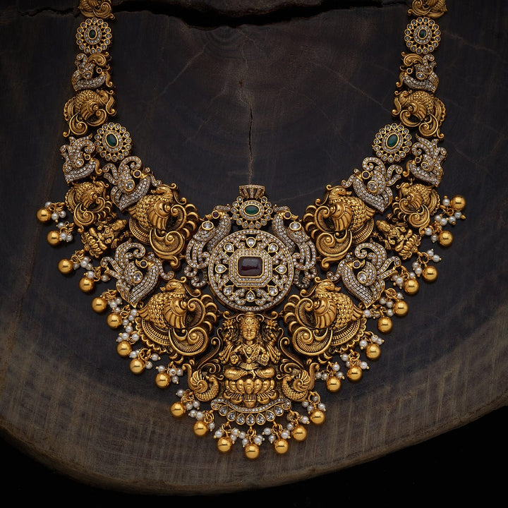 Stunning Lakshmi And Peacock Traditional Antique Necklace With Red-Green stones and Dangling Beeds