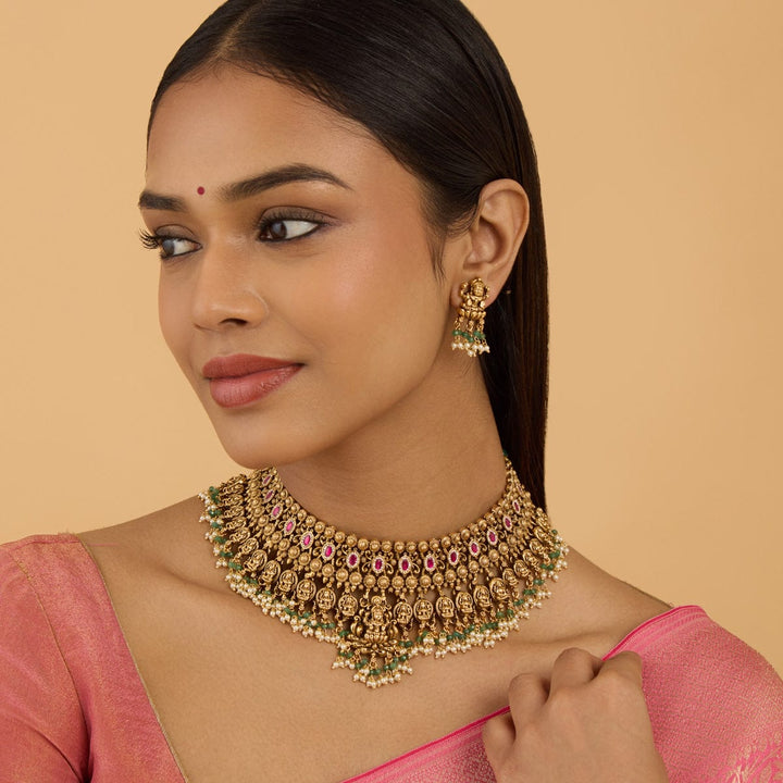 Lakshmi Unique Antique Choker Necklace Set With Red And Green Stone And Dangling Beads And Pearls