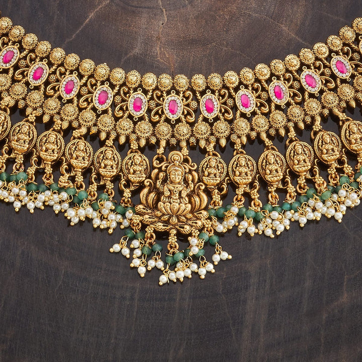 Lakshmi Unique Antique Choker Necklace Set With Red And Green Stone And Dangling Beads And Pearls
