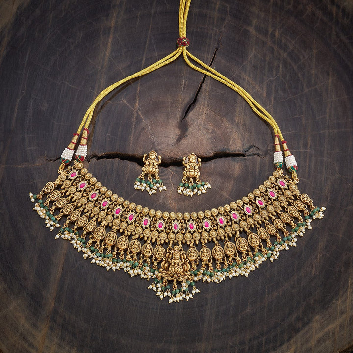Lakshmi Unique Antique Choker Necklace Set With Red And Green Stone And Dangling Beads And Pearls