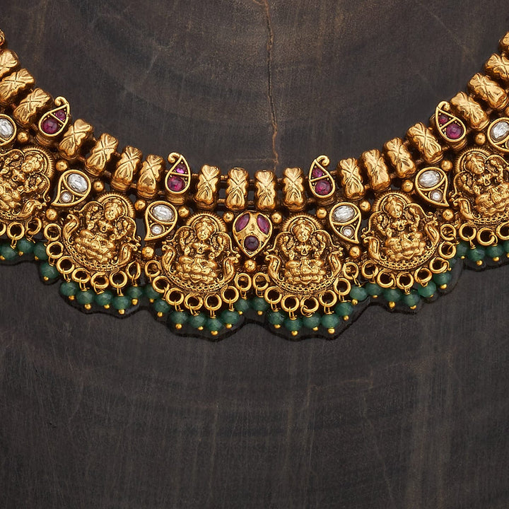 Lakshmi Unite Antique Choker Necklace Set With Red And Green Stone And Dangling Beads