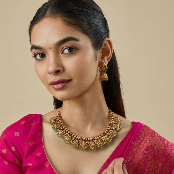 Lakshmi Unite Antique Choker Necklace Set With Red And Green Stone And Dangling Beads