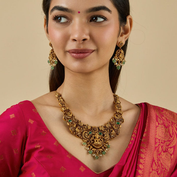 Lakshmi And Peacock Antique Short Necklace Set With Red And Green Stone And Dangling Beads and Pearls