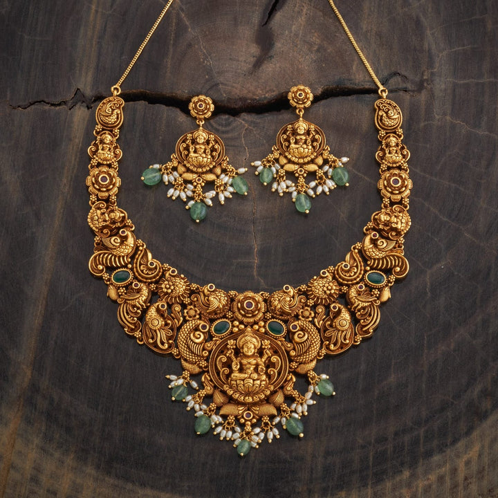 Lakshmi And Peacock Antique Short Necklace Set With Red And Green Stone And Dangling Beads and Pearls