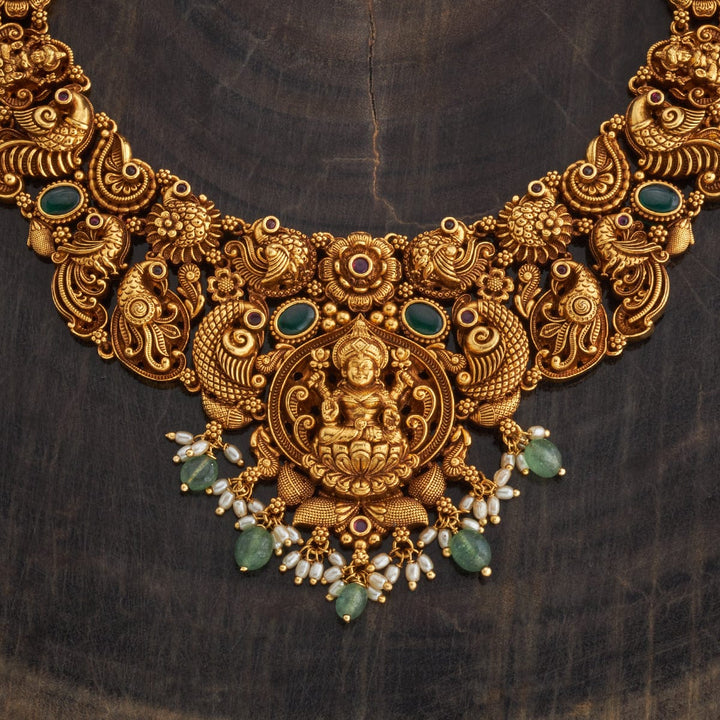 Lakshmi And Peacock Antique Short Necklace Set With Red And Green Stone And Dangling Beads and Pearls