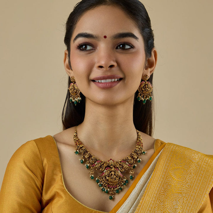 Lakshmi And Elephant Antique Short Necklace Set With Red And Green Stone And Dangling Beads