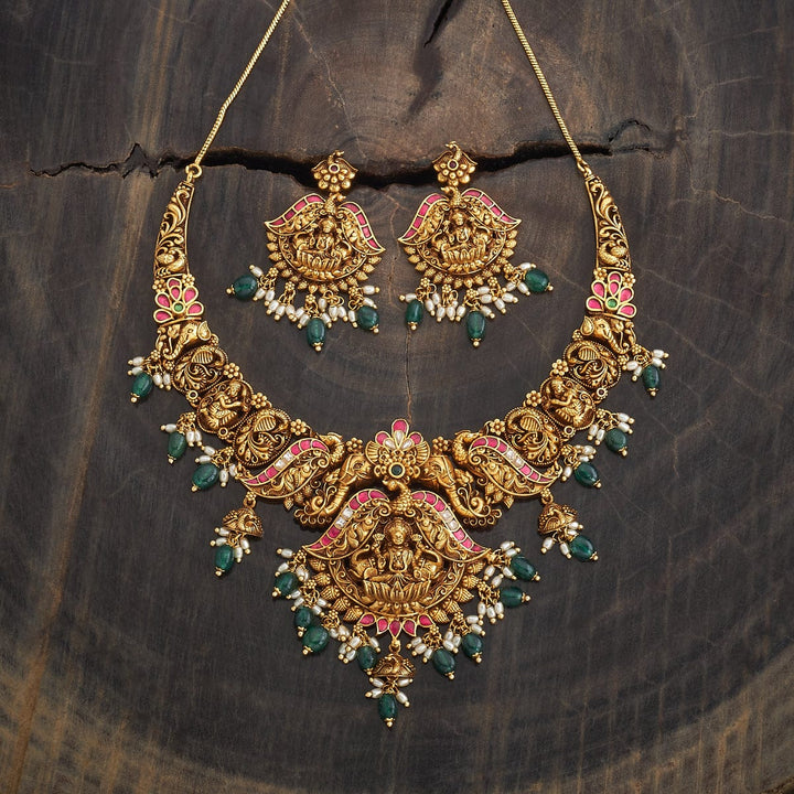 Lakshmi And Elephant Antique Short Necklace Set With Red And Green Stone And Dangling Beads