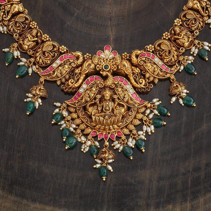 Lakshmi And Elephant Antique Short Necklace Set With Red And Green Stone And Dangling Beads