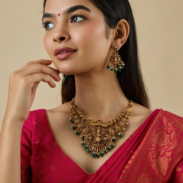 Double Layered Sri Krishna And Peacock Antique Short Necklace Set With Red Stone And Dangling Beads And Pearls