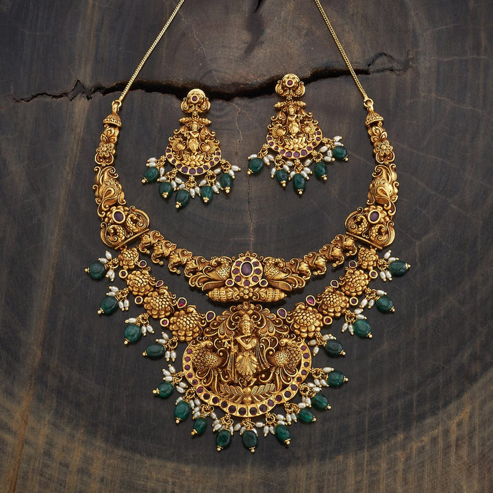 Double Layered Sri Krishna And Peacock Antique Short Necklace Set With Red Stone And Dangling Beads And Pearls
