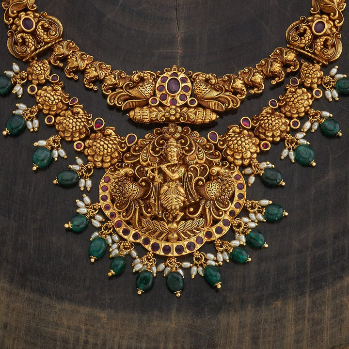Double Layered Sri Krishna And Peacock Antique Short Necklace Set With Red Stone And Dangling Beads And Pearls