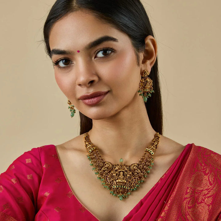 Peacock And Lakshmi Antique Short Necklace Set With Red-green Stone And Dangling Beads