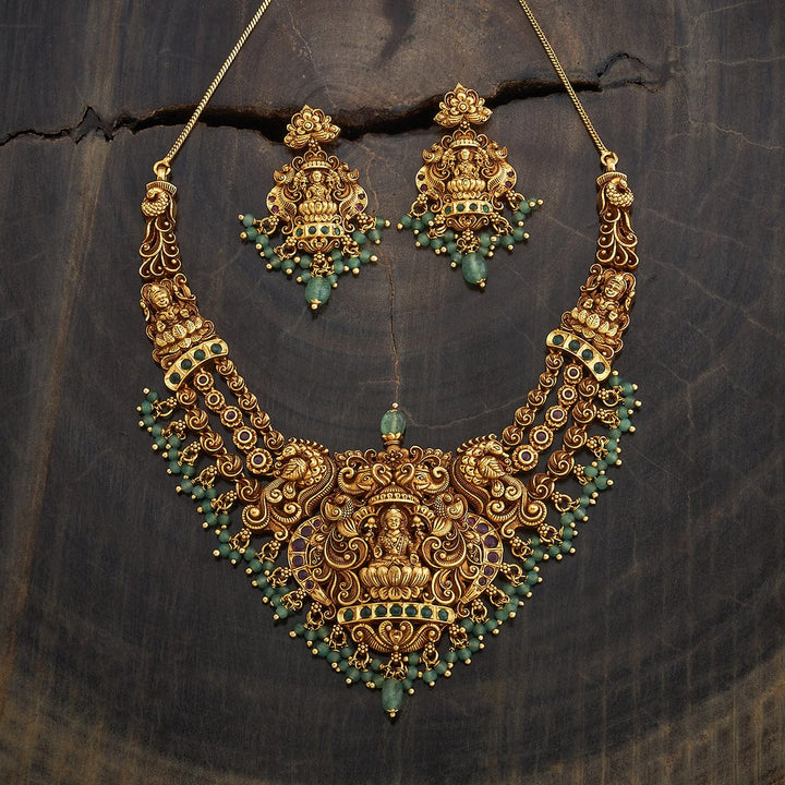 Peacock And Lakshmi Antique Short Necklace Set With Red-green Stone And Dangling Beads
