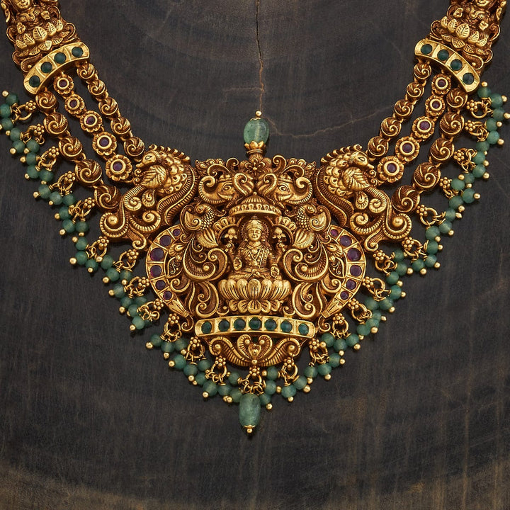 Peacock And Lakshmi Antique Short Necklace Set With Red-green Stone And Dangling Beads