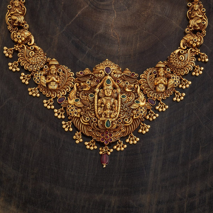 Shree Balaji With Devi Lakshmi Antique Short Necklace With Red-Green Stones And Dangling Beads