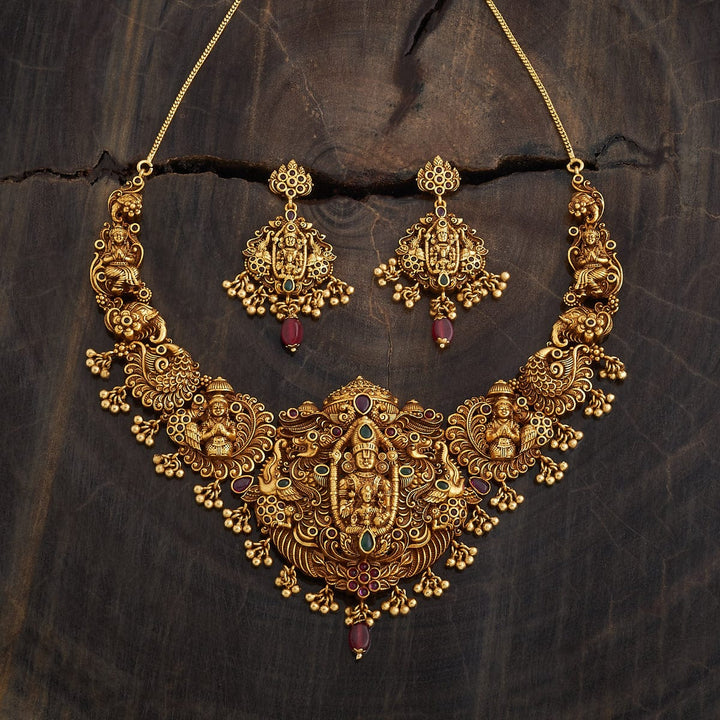 Shree Balaji With Devi Lakshmi Antique Short Necklace With Red-Green Stones And Dangling Beads