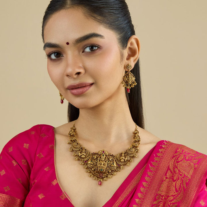 Shree Balaji With Devi Lakshmi Antique Short Necklace With Red-Green Stones And Dangling Beads