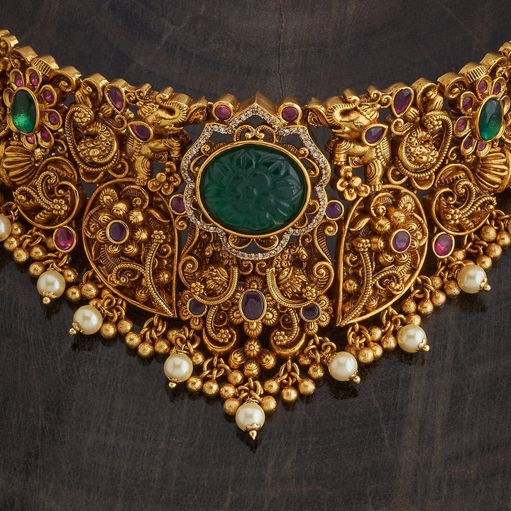 Regal Green Stone And Gold Antique Choker Set With Dangling Beads And Pearls