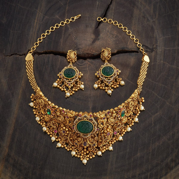 Regal Green Stone And Gold Antique Choker Set With Dangling Beads And Pearls