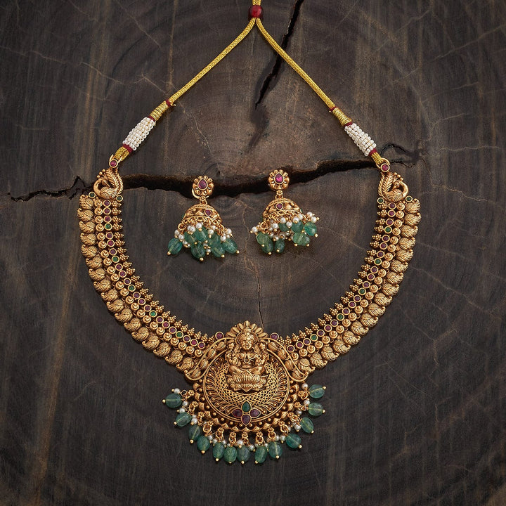 Mango Motifs Gold Lakshmi Antique Short Necklace Set With Gem Stone And Dangling Beads