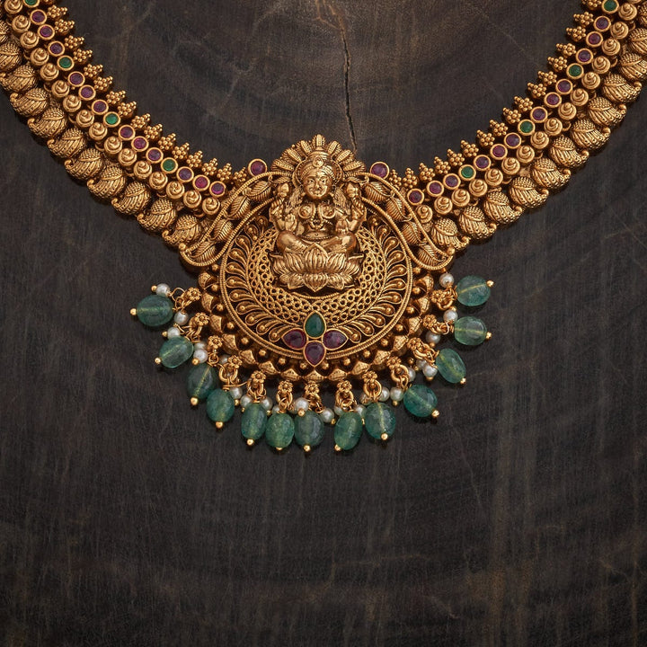 Mango Motifs Gold Lakshmi Antique Short Necklace Set With Gem Stone And Dangling Beads