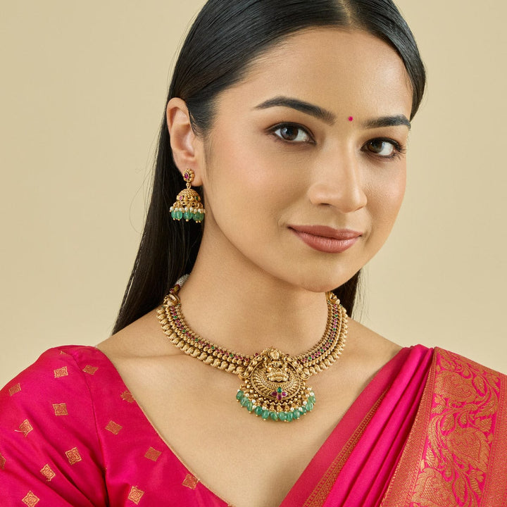 Mango Motifs Gold Lakshmi Antique Short Necklace Set With Gem Stone And Dangling Beads