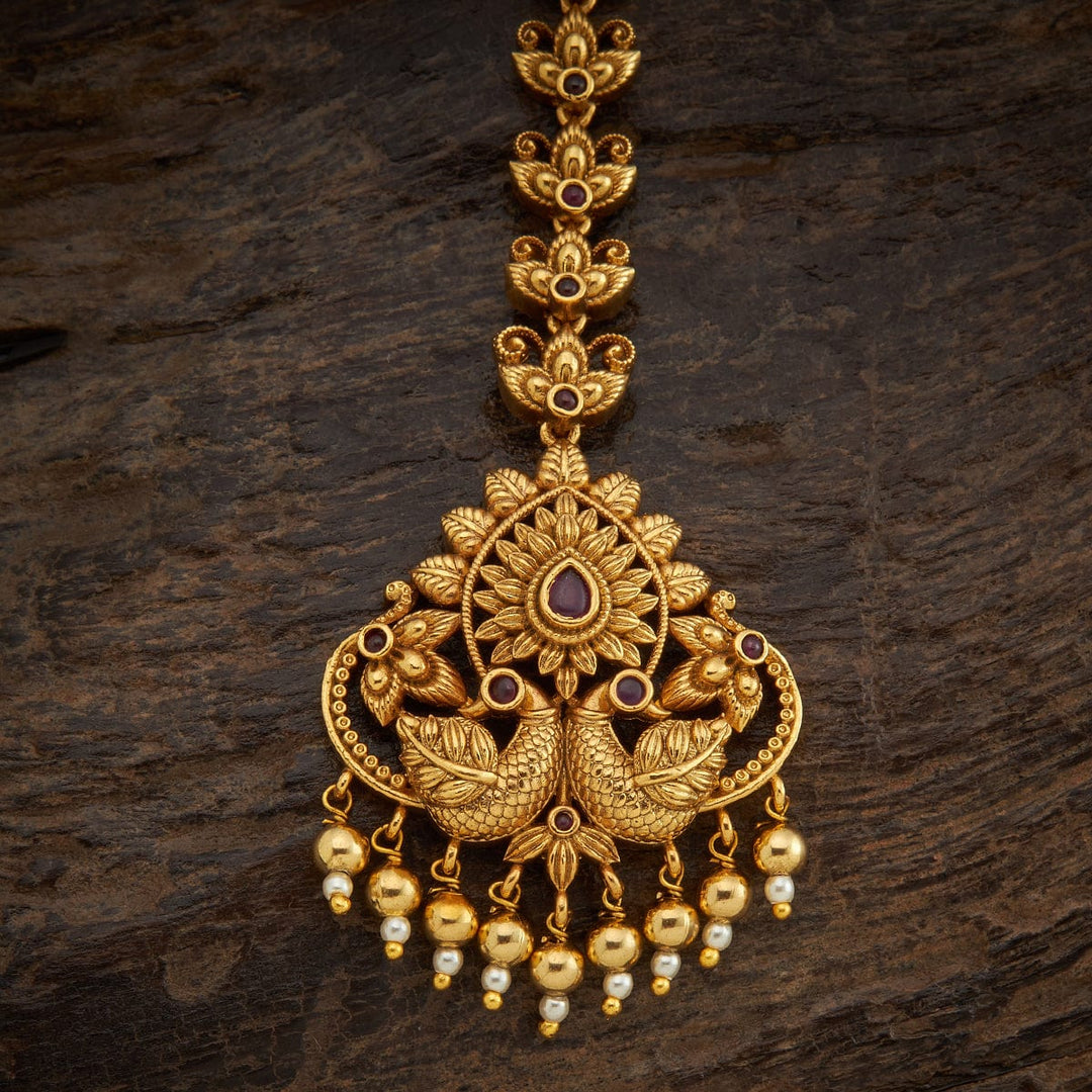 Twin Peacock Pendant and Floral Motif Antique Tikka with Ruby and Dangling Beads Pearls