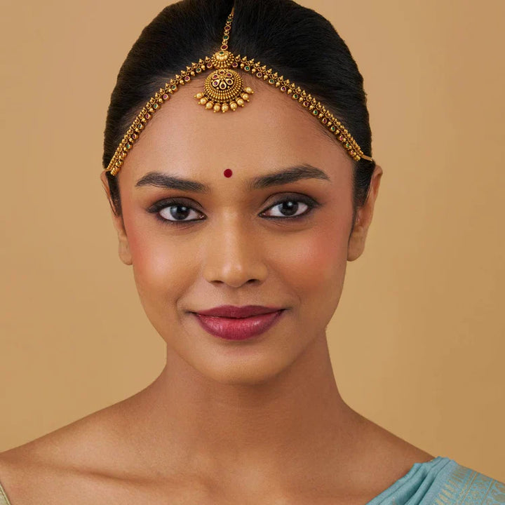 Hair Ornament with White Stones Antique Tikka with Green Pink Stones and Dangling Pearls