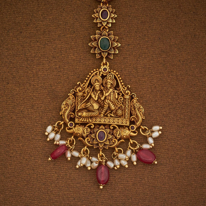 Radha Krishna Playing Flute Antique with Ruby and Green Stones and Dangling Beads