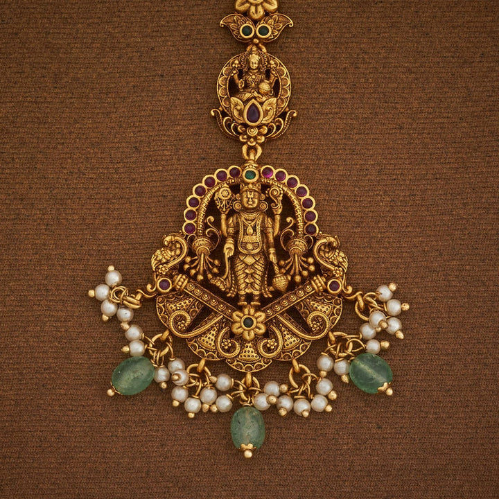 Shree Balaji Antique Tikka with Ruby,Green Stones and Dangling Beads