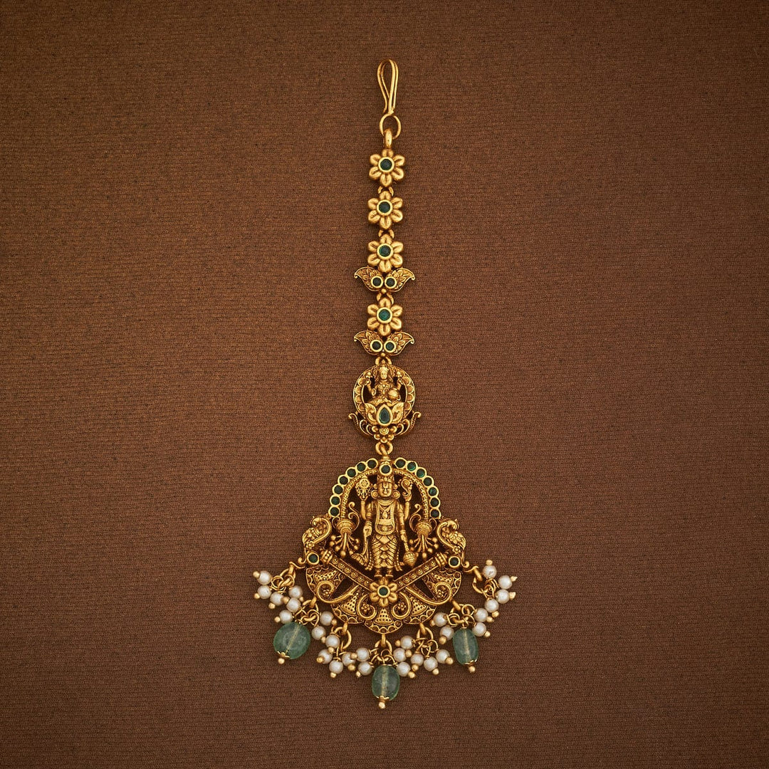 Shree Balaji Antique Tikka with Green Stones and Dangling Beads