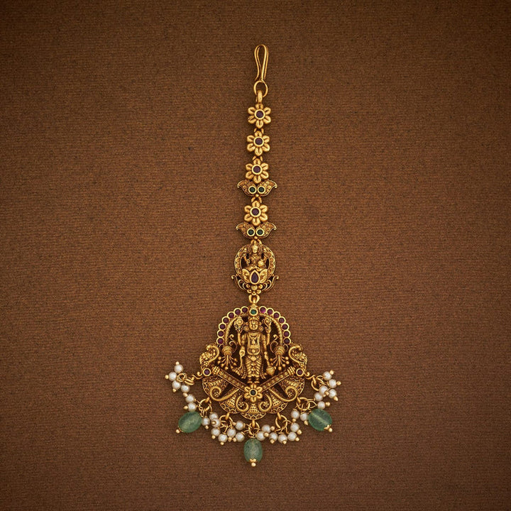 Shree Balaji Antique Tikka with Ruby,Green Stones and Dangling Beads