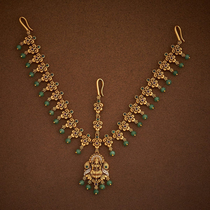 Fashion Jewellery with Lakshmi Pendant Antique Tikka with Dangling Pearls