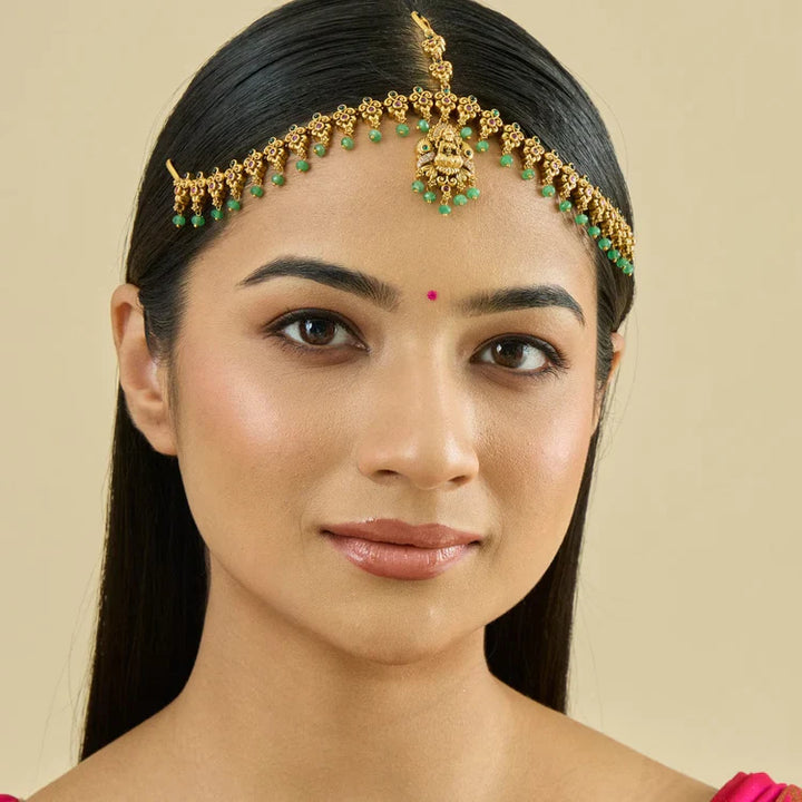 Fashion Jewellery with Lakshmi Pendant Antique Tikka with Dangling Pearls