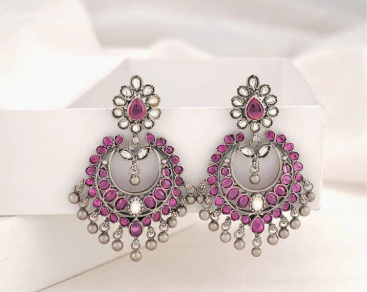 92.5 Silver Stunning Chandbali Silver Earring with stone details and dangling Silver beads