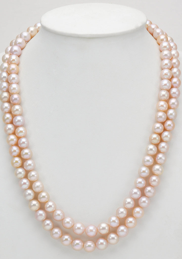 Two Strand Pink Round Pearl Necklace Set