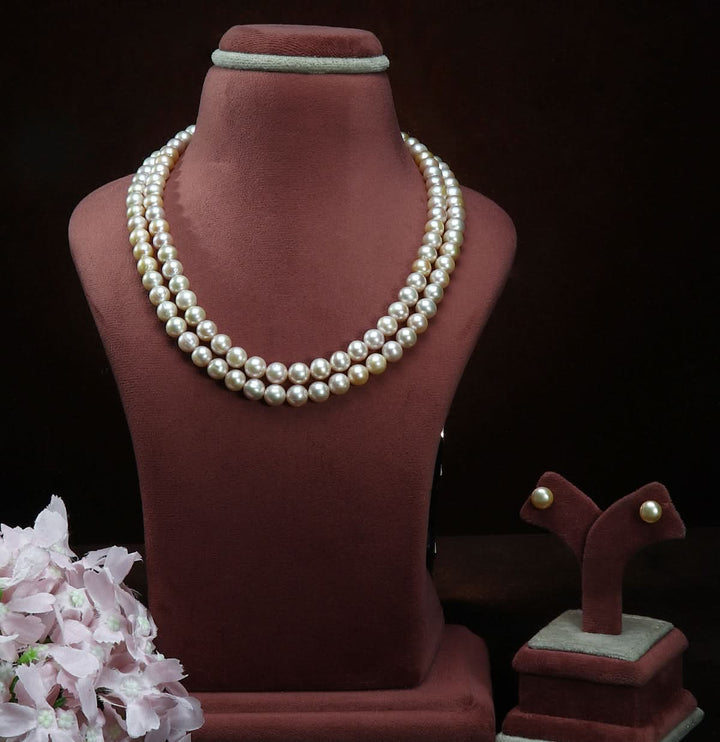 Two Strand Pink Round Pearl Necklace Set