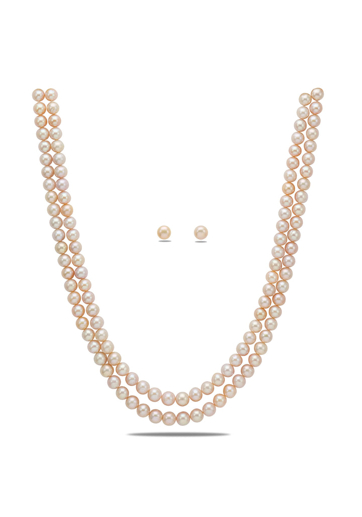 Two Strand Pink Round Pearl Necklace Set