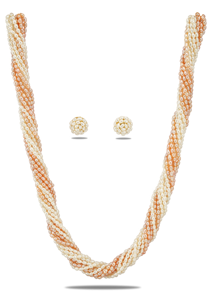12 Strand Twisted White Peach Rice Pearls, Pure Pearls Necklace and Earring Set