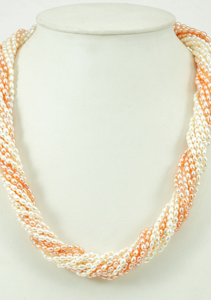 12 Strand Twisted White Peach Rice Pearls, Pure Pearls Necklace and Earring Set