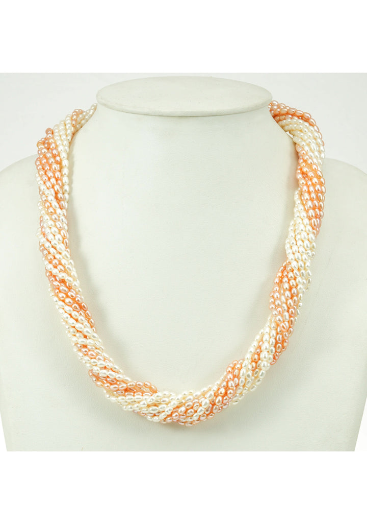 12 Strand Twisted White Peach Rice Pearls, Pure Pearls Necklace and Earring Set