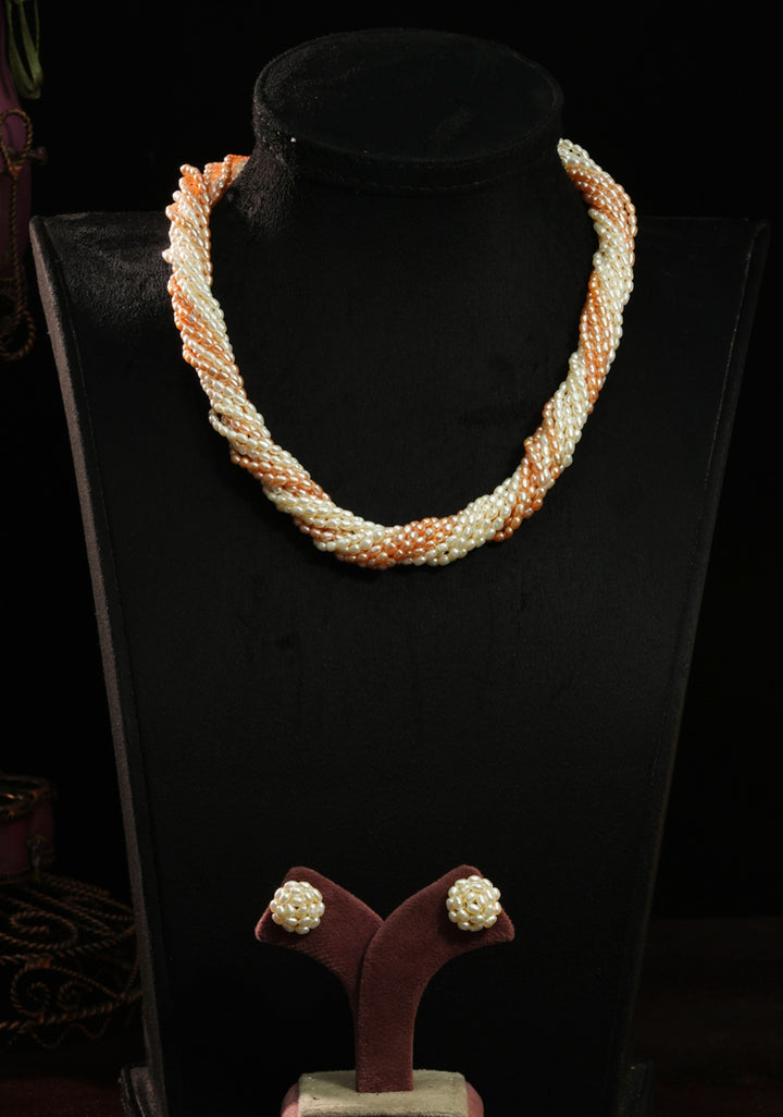 12 Strand Twisted White Peach Rice Pearls, Pure Pearls Necklace and Earring Set