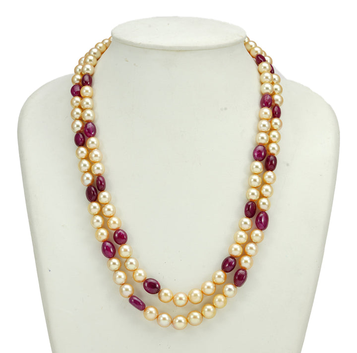 Real Ruby Beads andGolden Saltwater Akoya Pearls Necklace Set