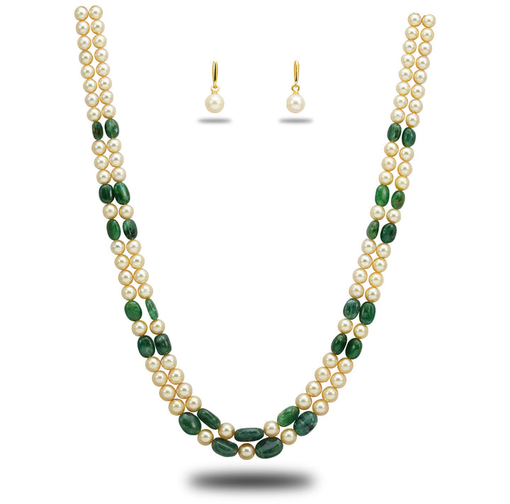 Real Emerald Beads and Golden Saltwater Akoya Pearls Necklace Set