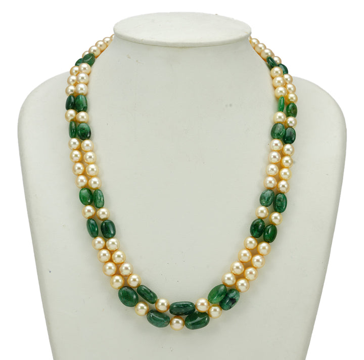 Real Emerald Beads and Golden Saltwater Akoya Pearls Necklace Set