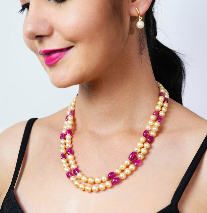 Real Ruby Beads andGolden Saltwater Akoya Pearls Necklace Set