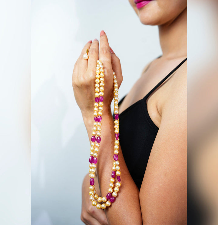 Real Ruby Beads andGolden Saltwater Akoya Pearls Necklace Set