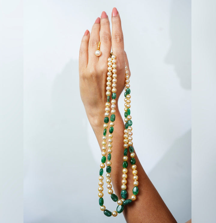 Real Emerald Beads and Golden Saltwater Akoya Pearls Necklace Set