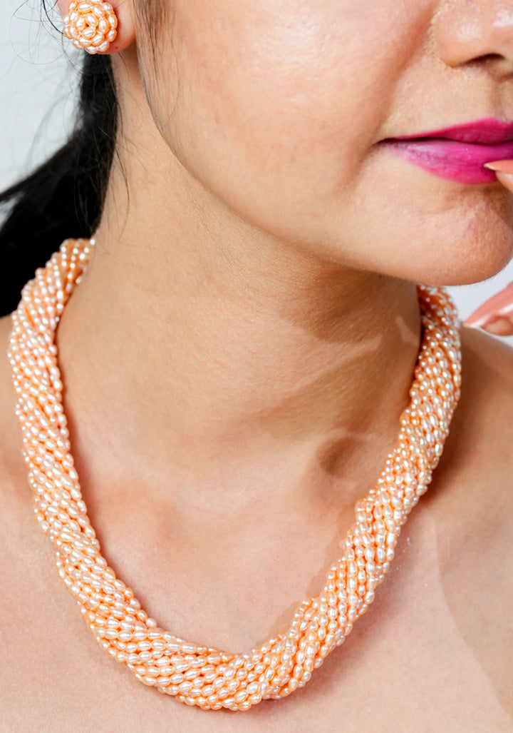 16 Strand Pink Rice Pearl Necklace and Earrings Set